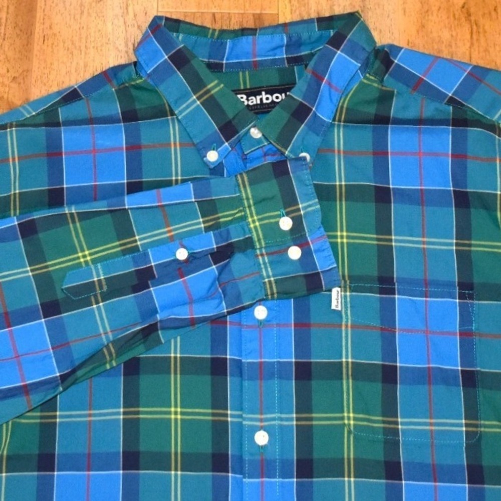 Barbour Button Down Shirt Mens L Blue Green Plaid Tailored Fit Long Sleeve